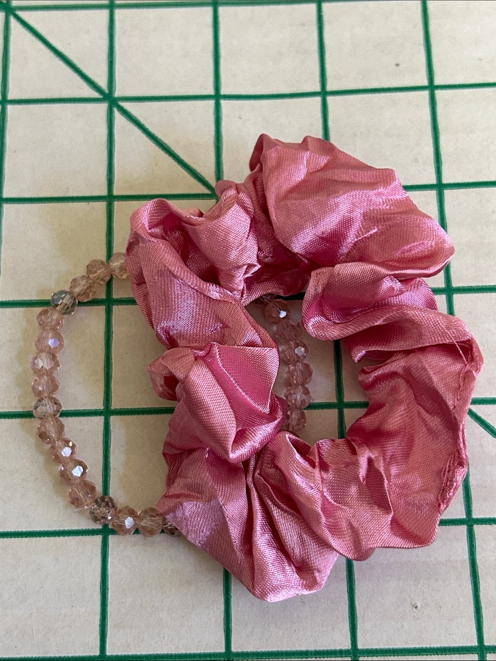 Pink Satin Scrunchie with Beaded Bracelet Set